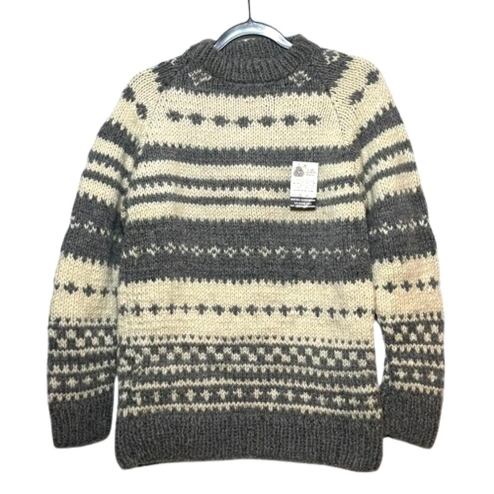 Vintage Fair Isle Wool Sweater Gray Nordic Chunky Knit 100% Wool Unisex Medium